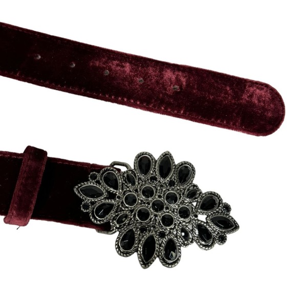 Chicos Velvet Stone Embellished Belt Medium Burgundy Black Rhinestone Jeweled - Picture 4 of 5